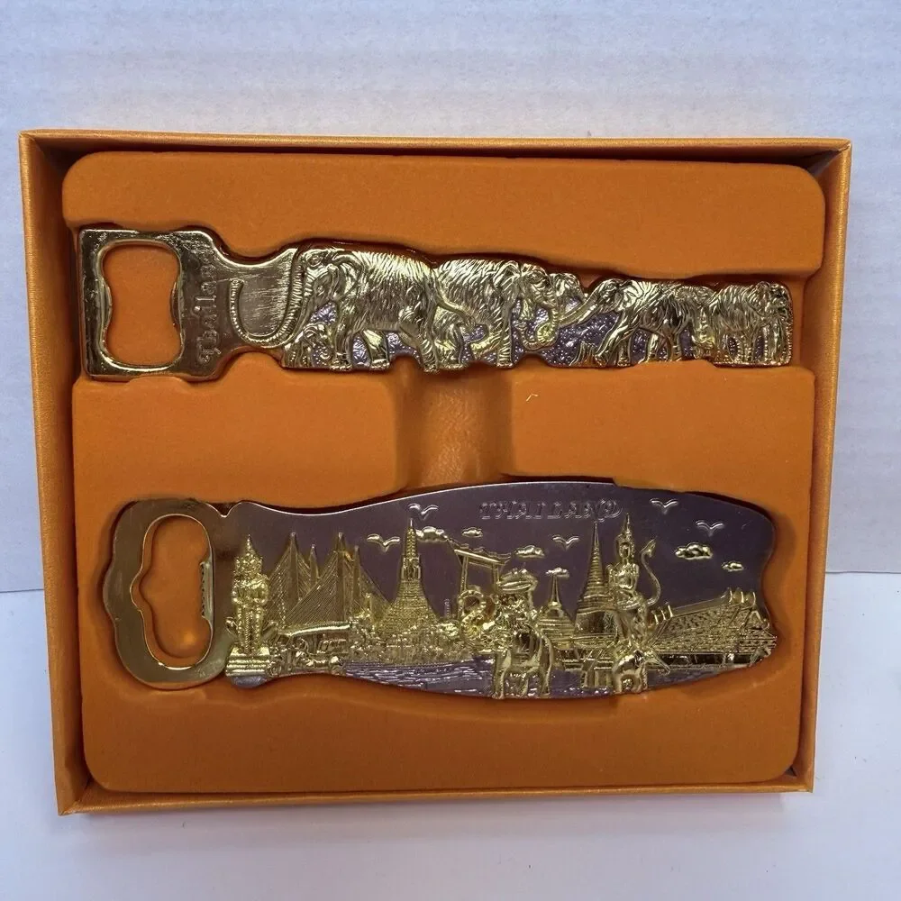 Thailand Gold & Silver Tone Metal 2 Piece Bottle Opener Gift Set City & Elephant